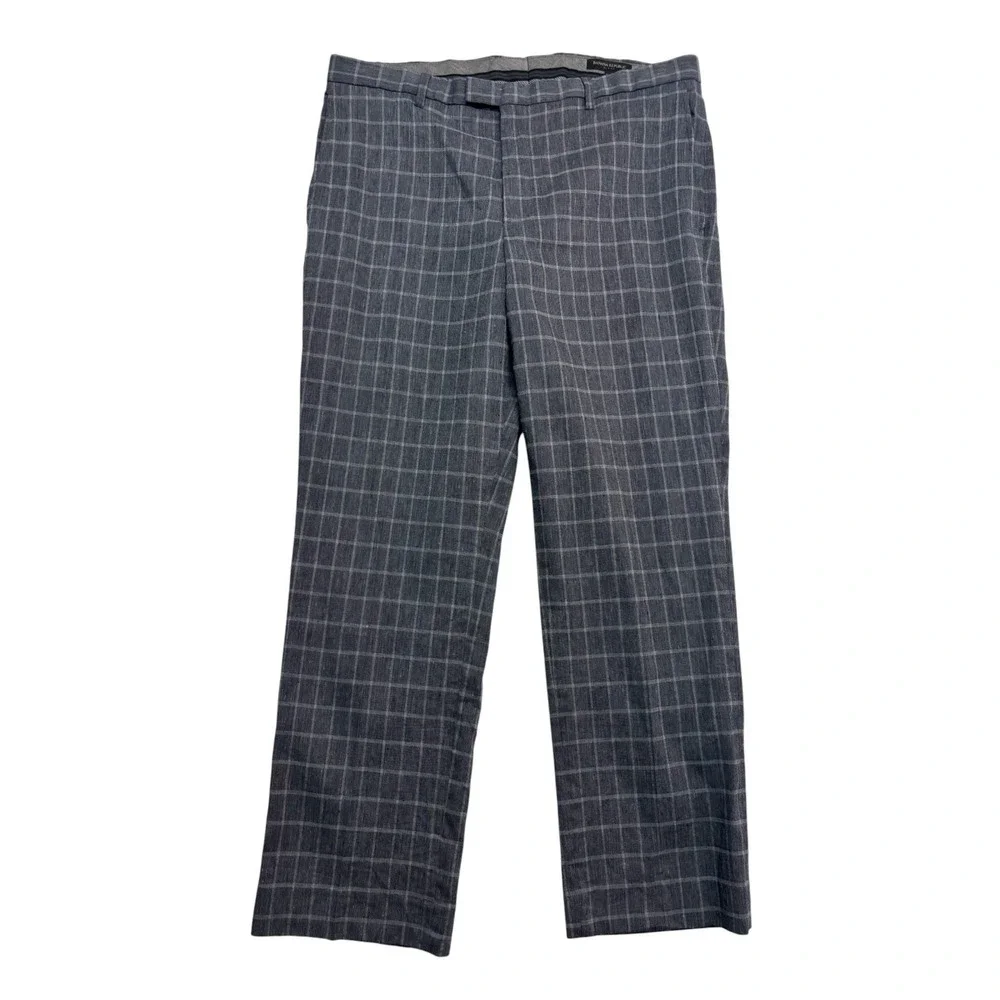 Banana Republic 36x30 Gray Windowpane Linen Dress Pants Trousers Flat Front Slim